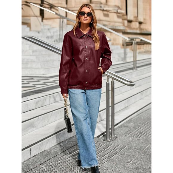 Womens Oversized Faux Leather Jacket Button Down Moto Bomber Winter Coat - Picture 6 of 6
